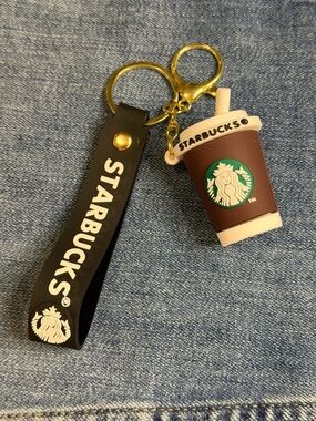 Starbucks Brown and White Cup Keychain with Black Logo Strap